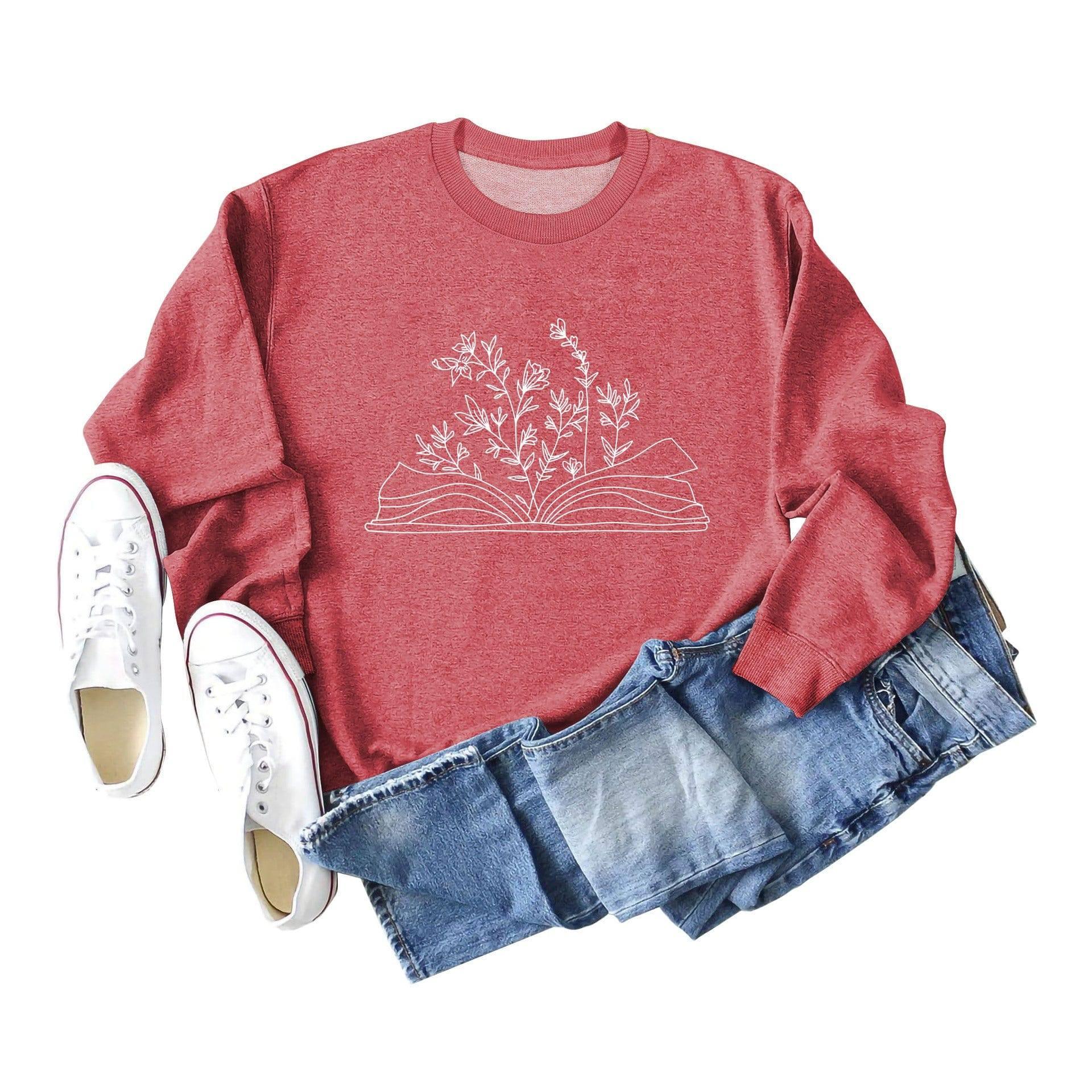 Women's Fashion Casual Book Botanical Pattern Long Sleeve-Red White Font-16