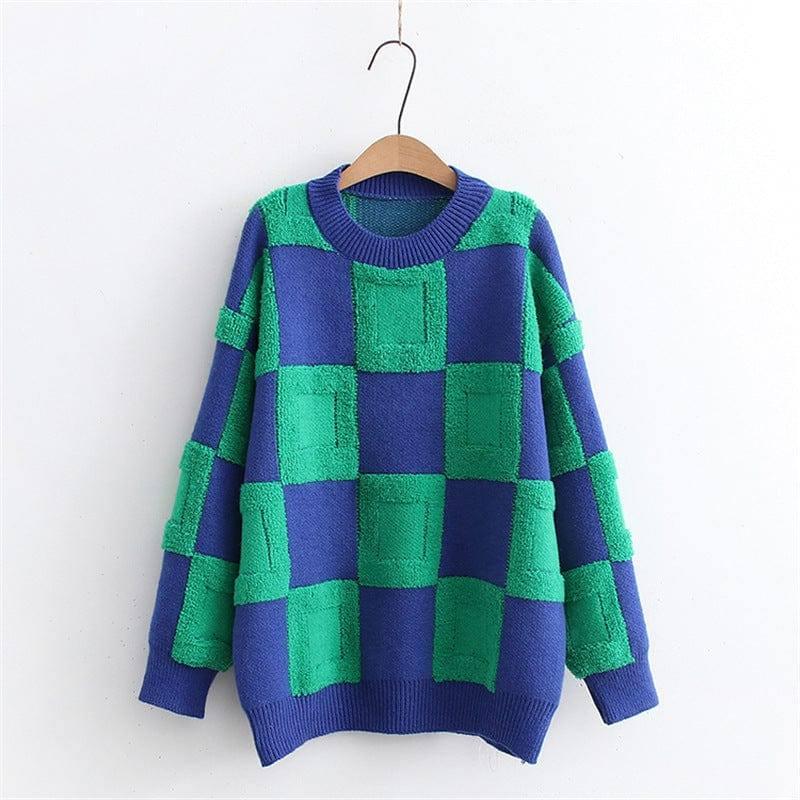 Women's Fashion Casual Chessboard Knitted Pullover Sweater-4