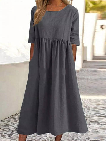 Women's Fashion Casual Cotton Linen Short Sleeve Pocket-Dark Grey-3
