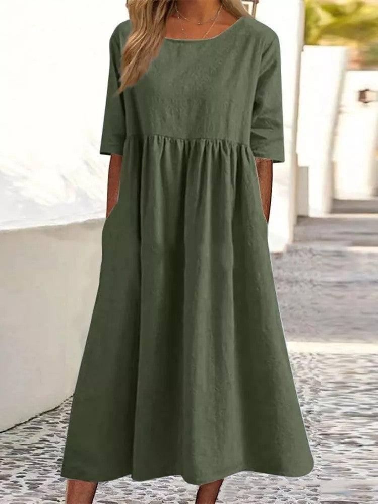 Women's Fashion Casual Cotton Linen Short Sleeve Pocket-Green-4