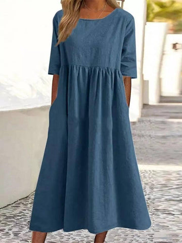 Women's Fashion Casual Cotton Linen Short Sleeve Pocket-Blue-5
