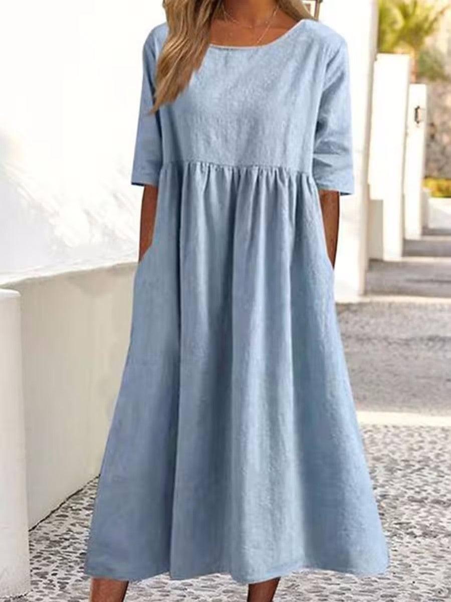Women's Fashion Casual Cotton Linen Short Sleeve Pocket-Light Blue-7