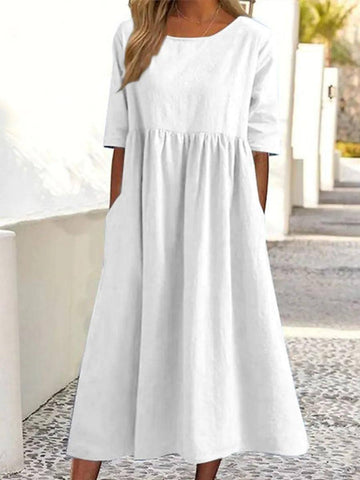 Women's Fashion Casual Cotton Linen Short Sleeve Pocket-White-8