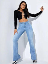 Women's Fashion Casual High Waist Slim-fit Stretch Trousers Jeans LOVEMI  Light Blue L 