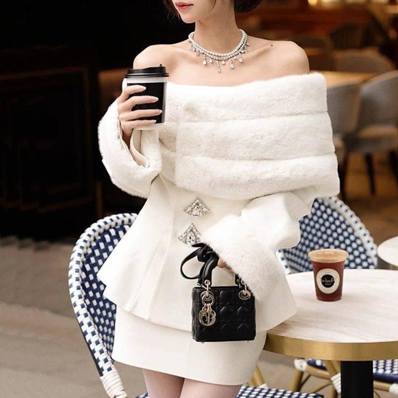 Women's Fashion Casual Off-shoulder Imitation Fox Fur-White-3