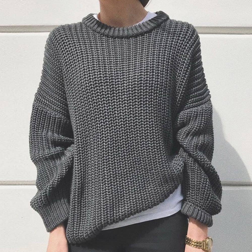 Women's Fashion Casual Simple Thick Needle Long Sleeve Round-Gray-3