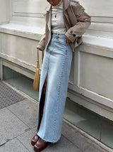 Women's Fashion Casual Washed Light Blue Denim Skirt-4