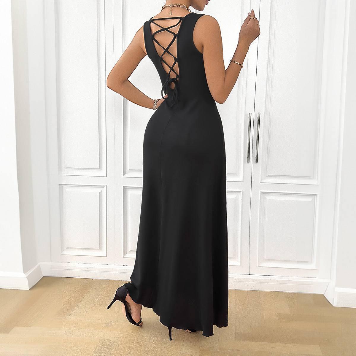 Women's Fashion Elegant Solid Color Sleeveless Dress-Black-2