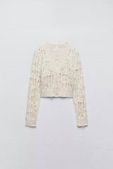 Women's Fashion Leisure Ripped Decorative Knitted Cardigan-Beige-6