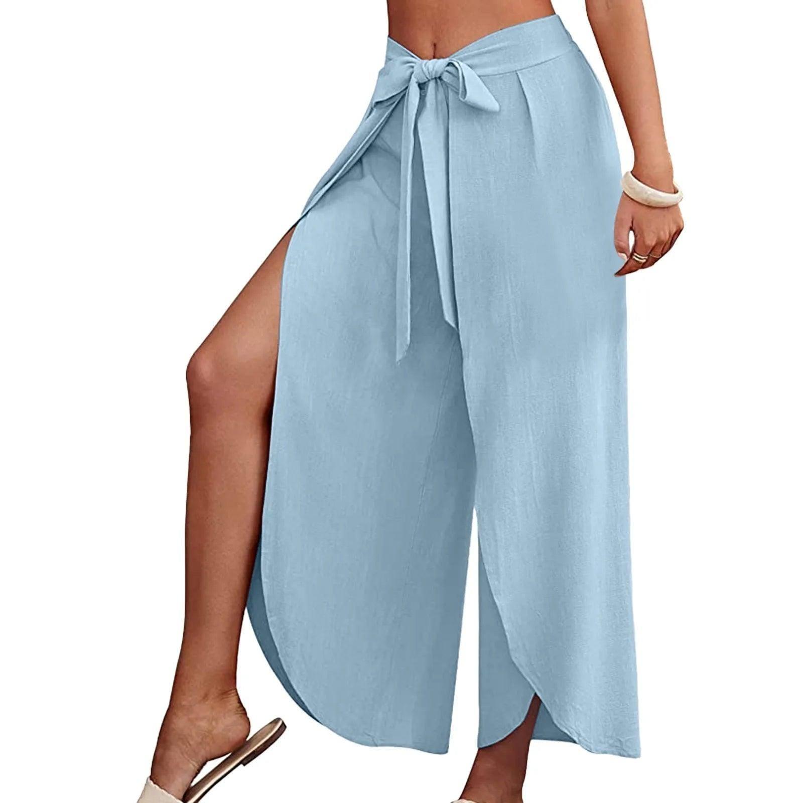 Women's Fashion Loose Casual Solid Color High Waist Flowy-Light Blue-11