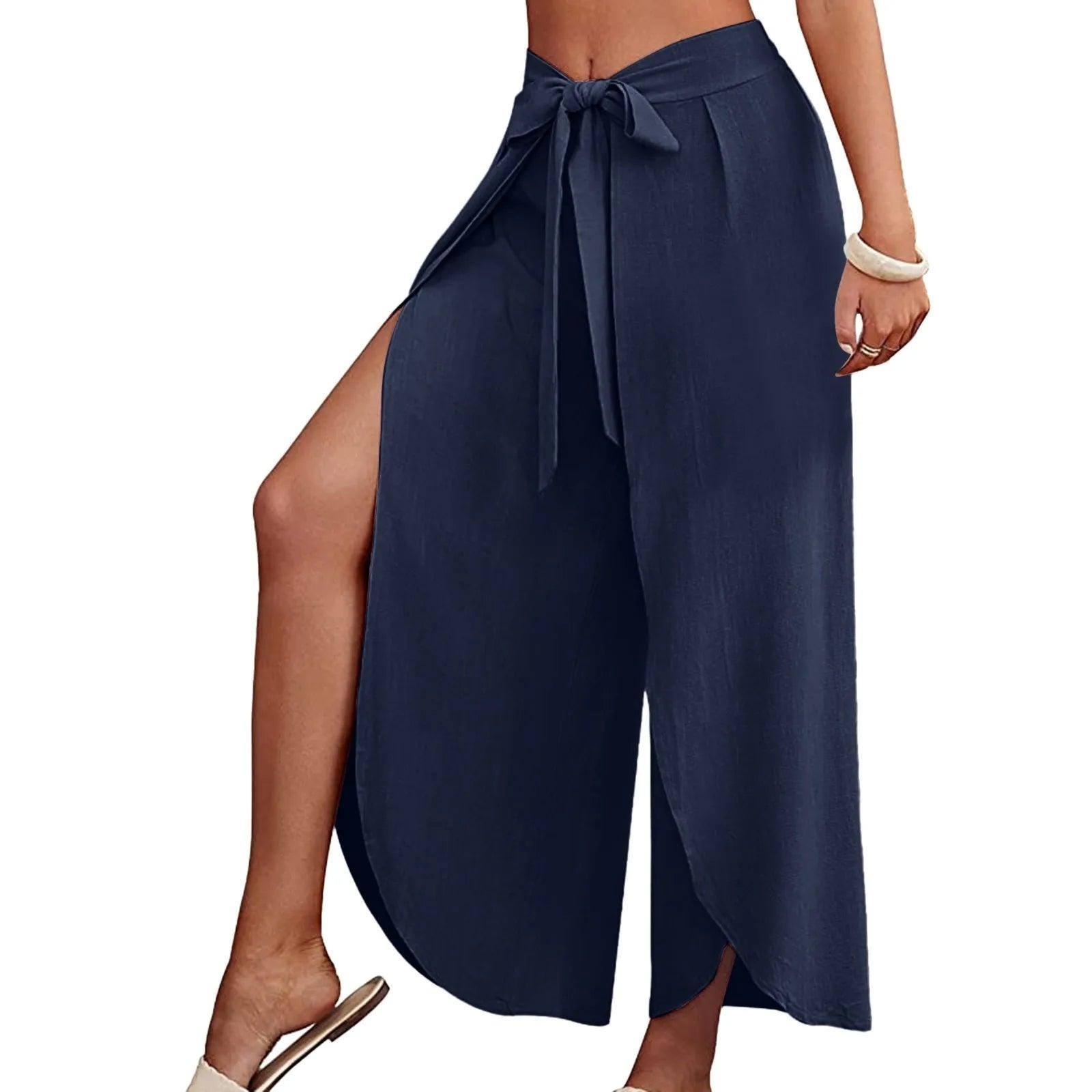 Women's Fashion Loose Casual Solid Color High Waist Flowy-Navy-12
