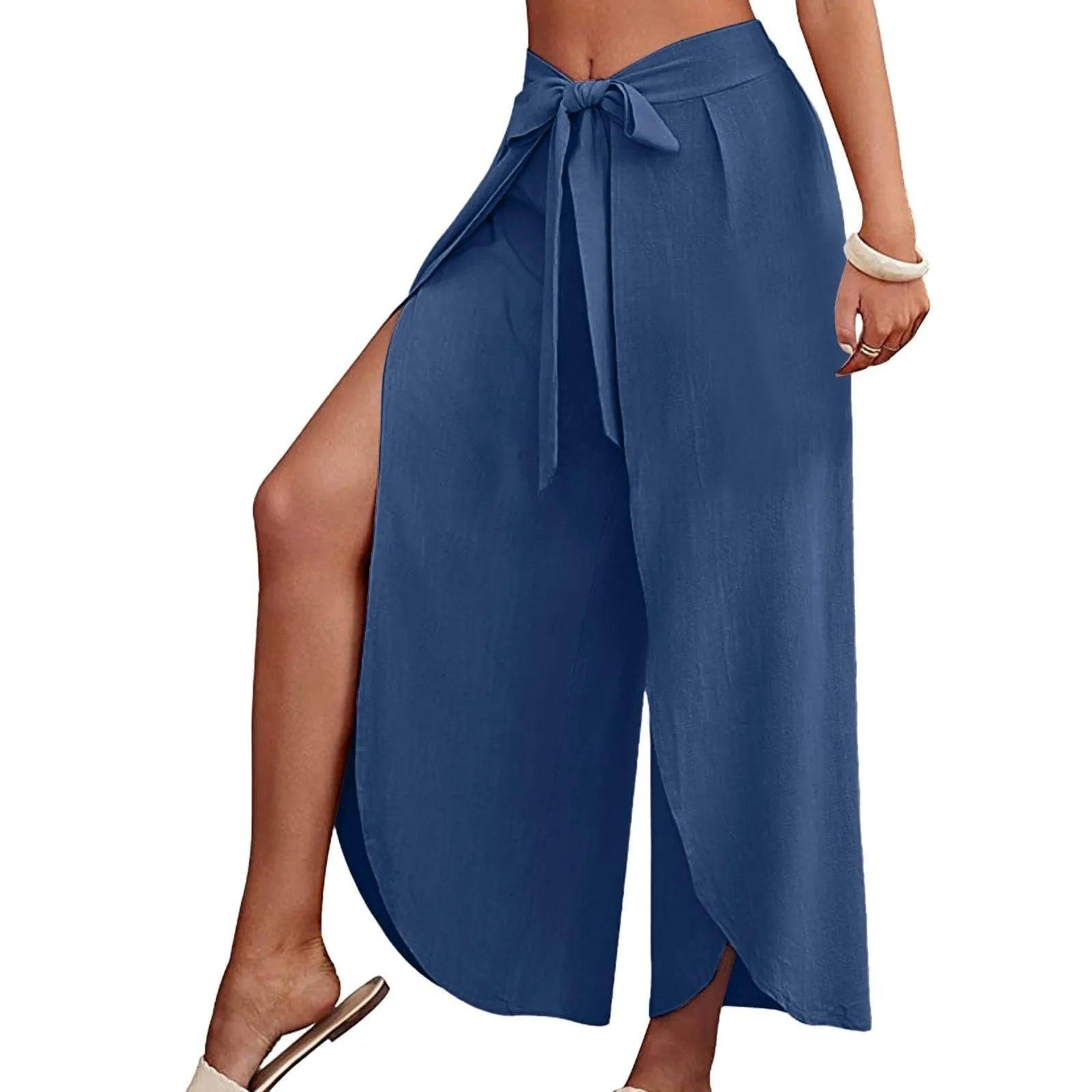 Women's Fashion Loose Casual Solid Color High Waist Flowy-Blue-3