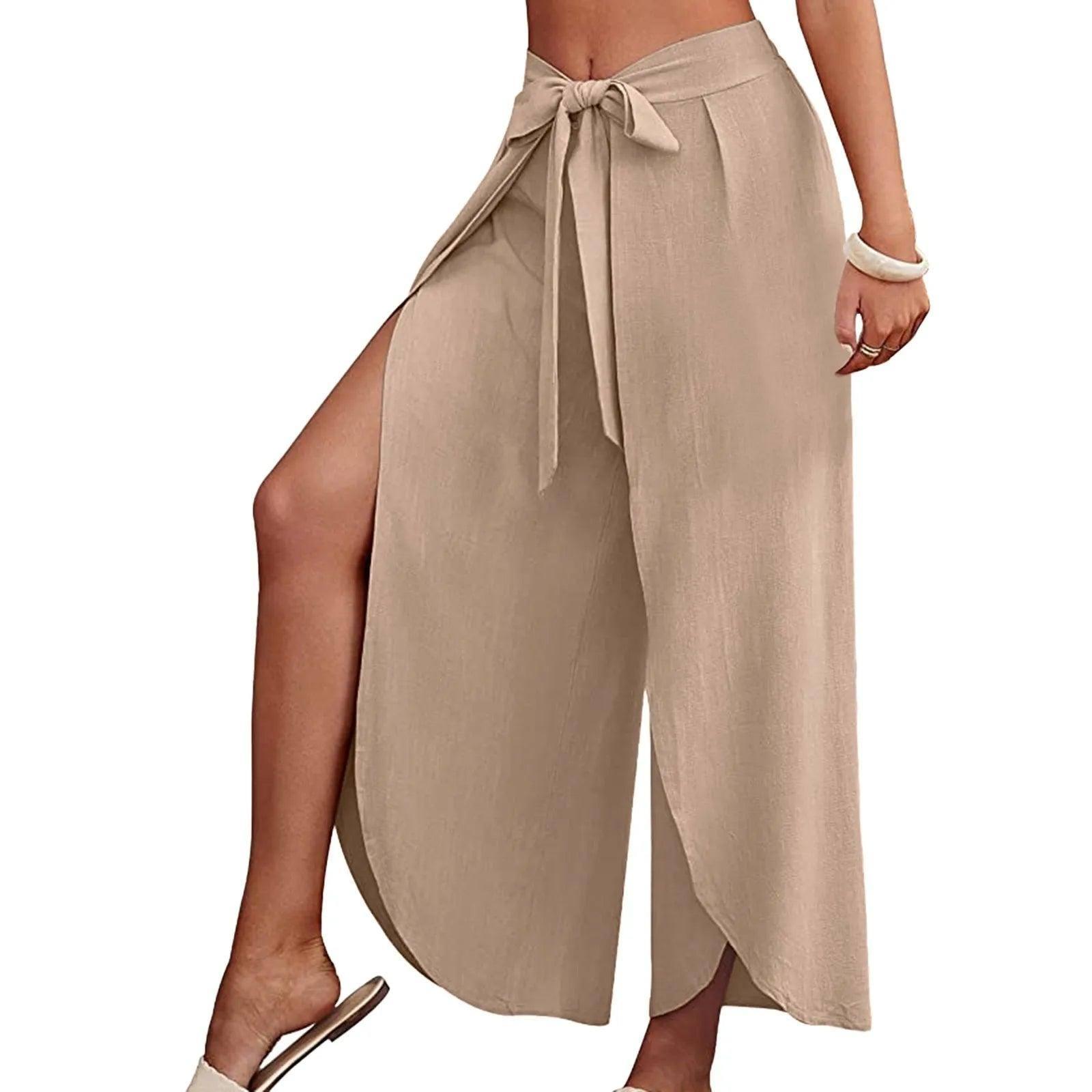 Women's Fashion Loose Casual Solid Color High Waist Flowy-Beige-7