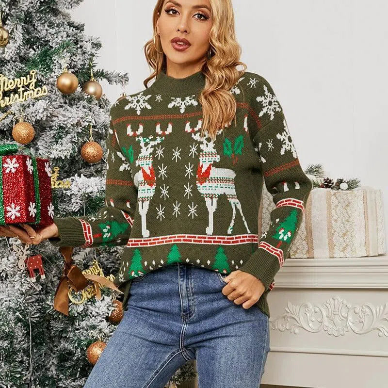 Women's Fashion Simple Deer Snowflake Christmas Sweater-Green-8