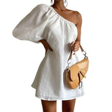 Women's Fashion Slant Shoulder Short Dress-3