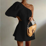 Women's Fashion Slant Shoulder Short Dress-Black-6