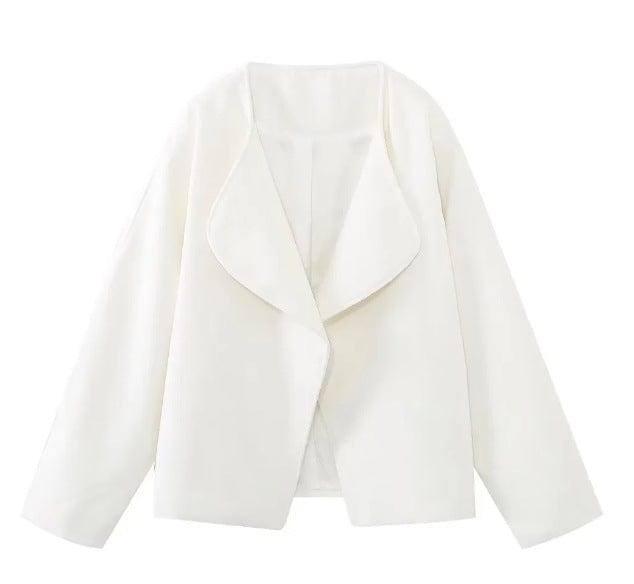 Women's Fashion Solid Color Short Cardigan Woolen Coat-White-3