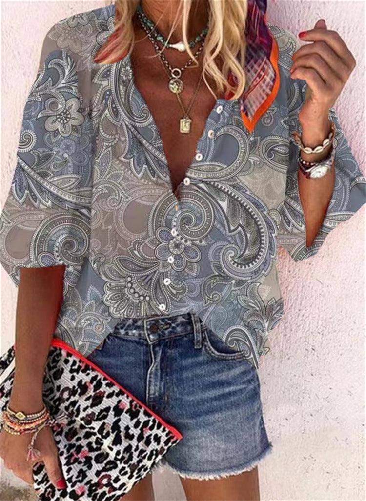 Women's Fashion Stand Collar Loose Button Vintage Printed-Figure 6-12