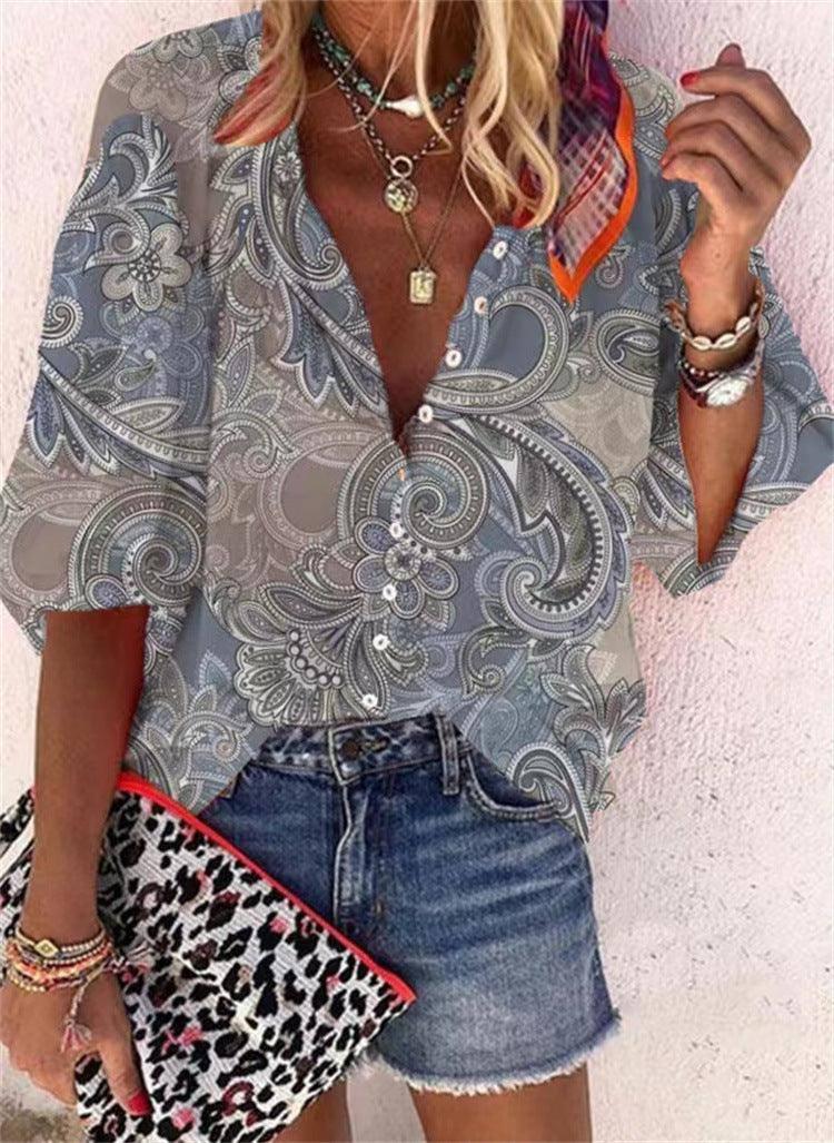 Women's Fashion Stand Collar Loose Button Vintage Printed Casual Shirt-Figure 6-12