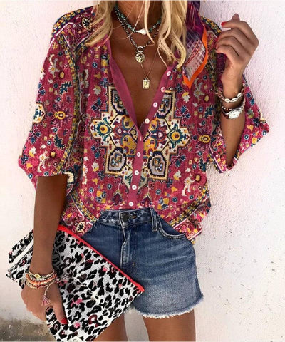 Women's Fashion Stand Collar Loose Button Vintage Printed Casual Shirt-2