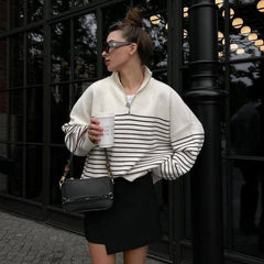 Women's Fashion Striped Lapel Half-open Zipper Knitted-1