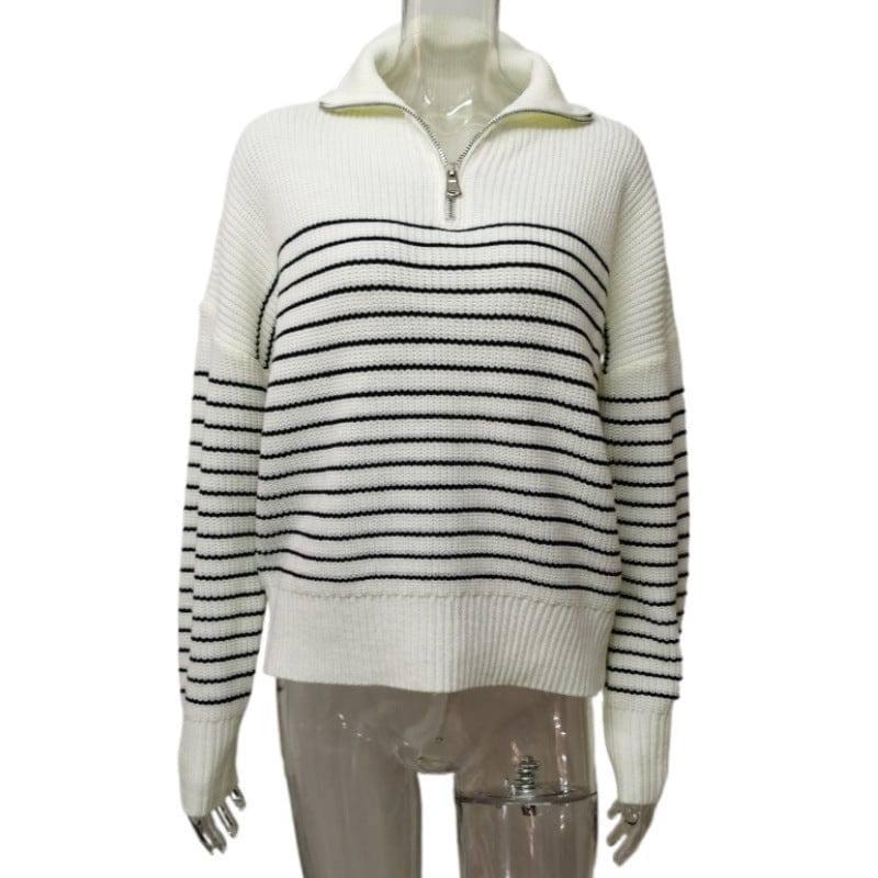Women's Fashion Striped Lapel Half-open Zipper Knitted-White-6