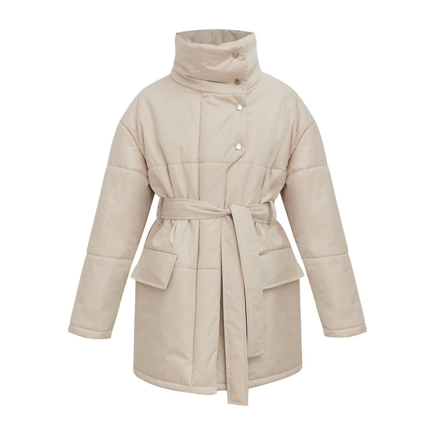 Women's Fashion Temperament Standing Collar Cotton Jacket-Beige-3