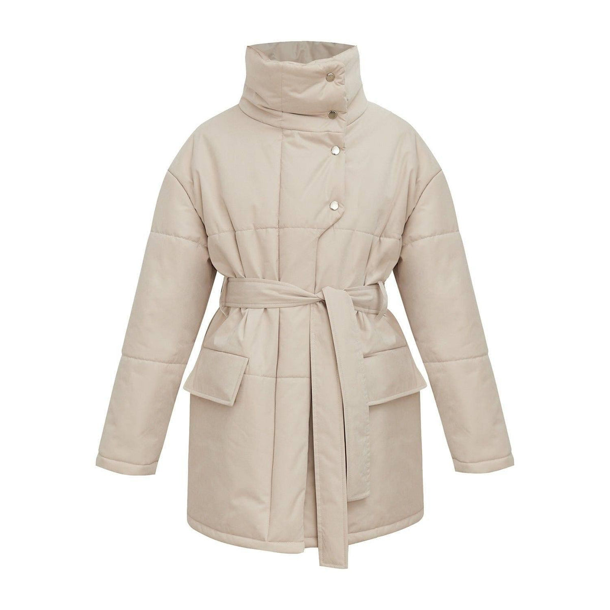 Women's Fashion Temperament Standing Collar Cotton Jacket-Beige-3