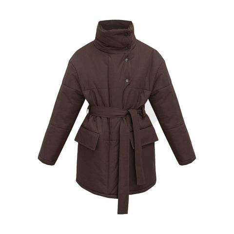 Women's Fashion Temperament Standing Collar Cotton Jacket-Brown-5