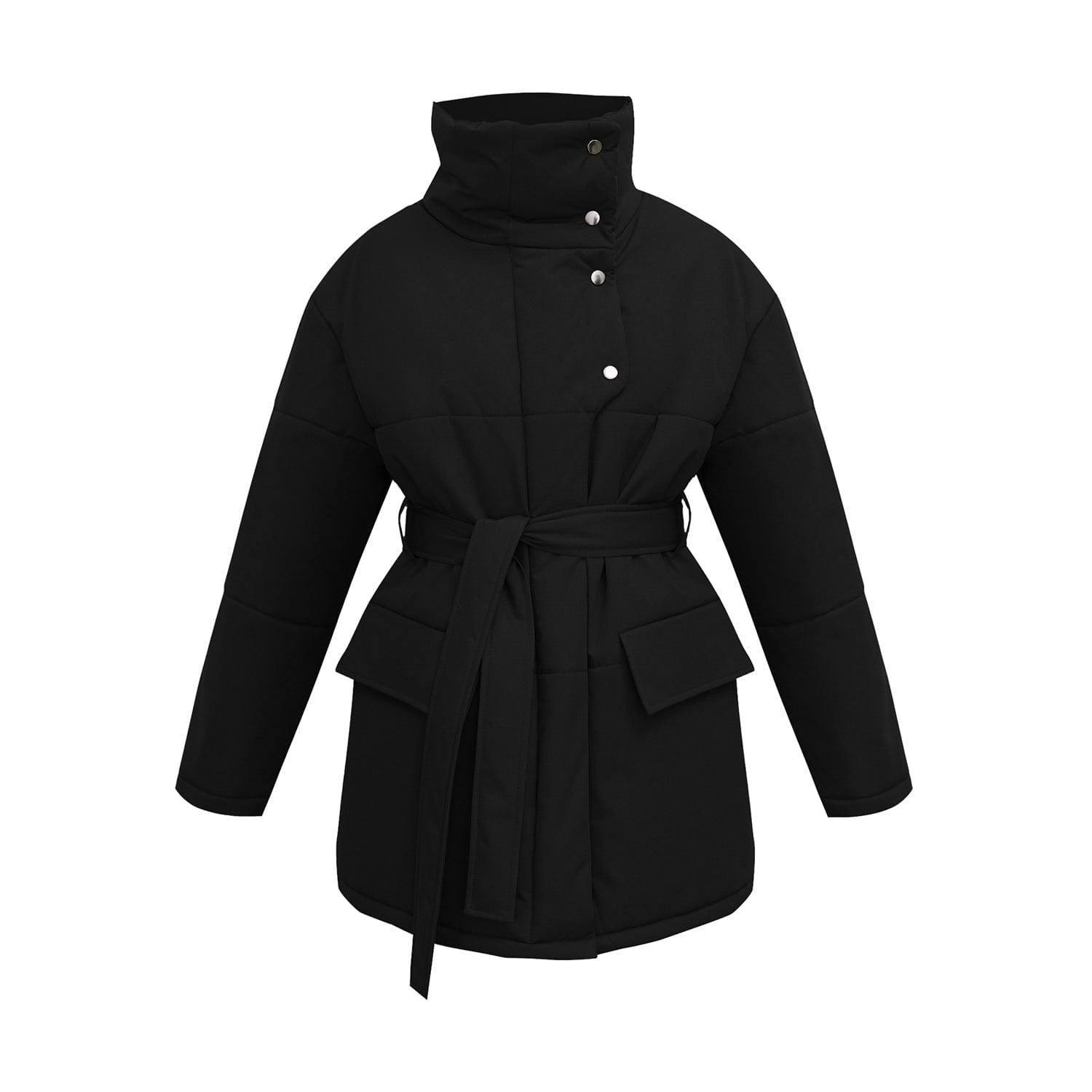 Women's Fashion Temperament Standing Collar Cotton Jacket-Black-6