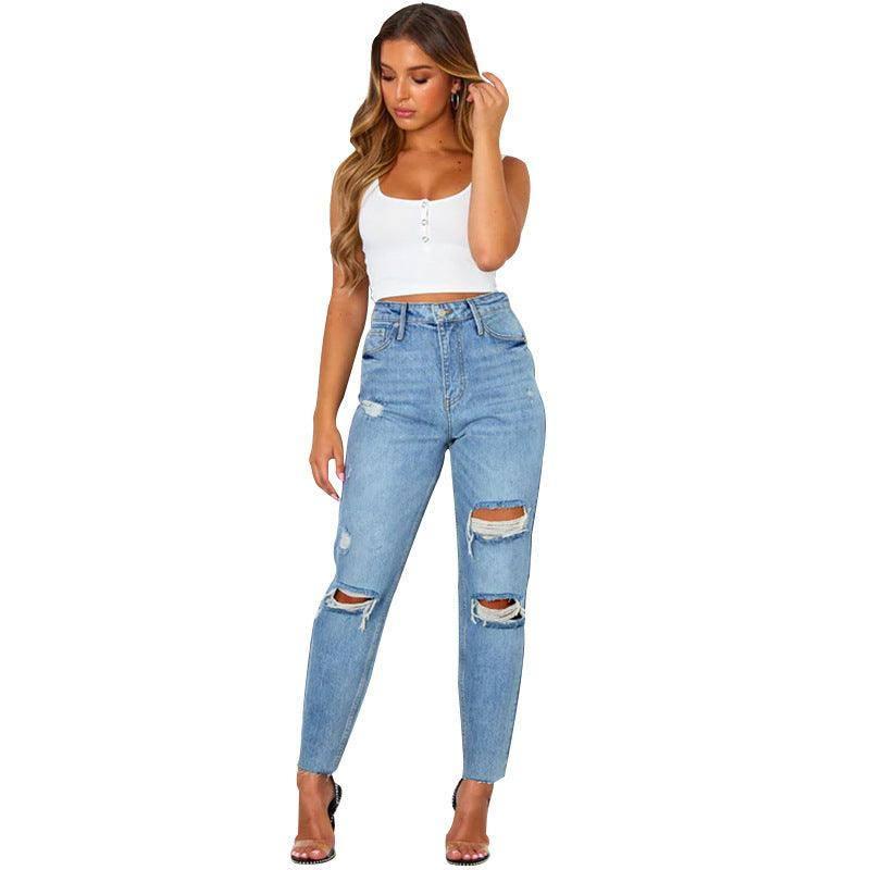 Women's Fashion Washed Blue Jeans-9