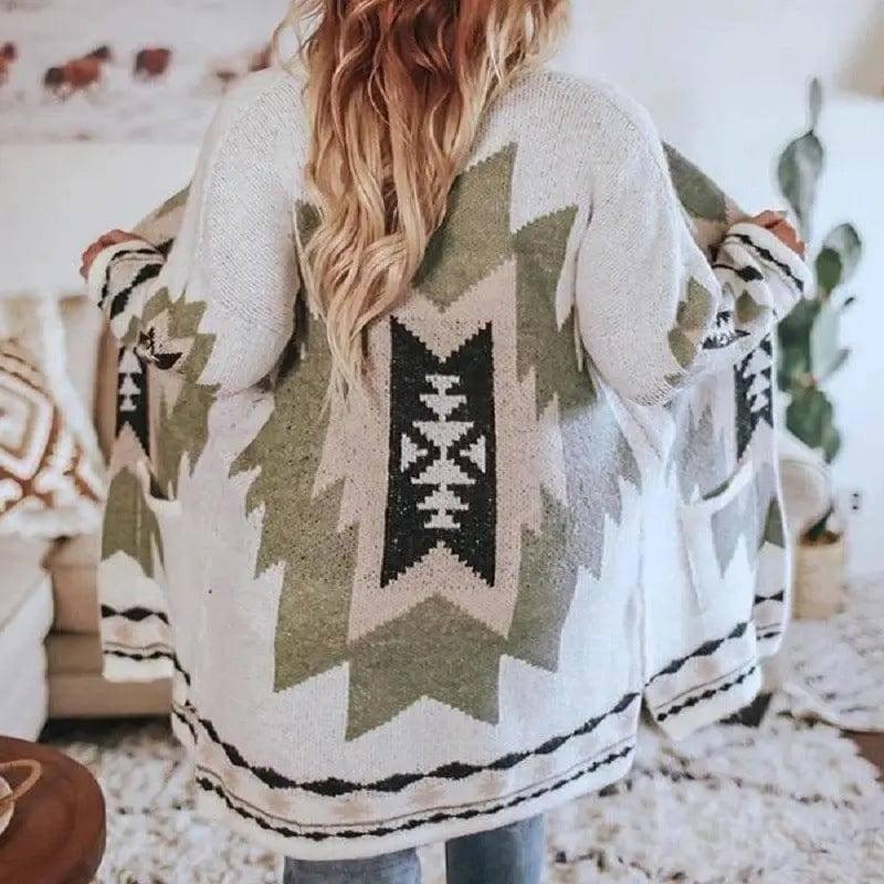 Women's Fashion Winter Vintage Tribal Knitted Cardigan-Green-5