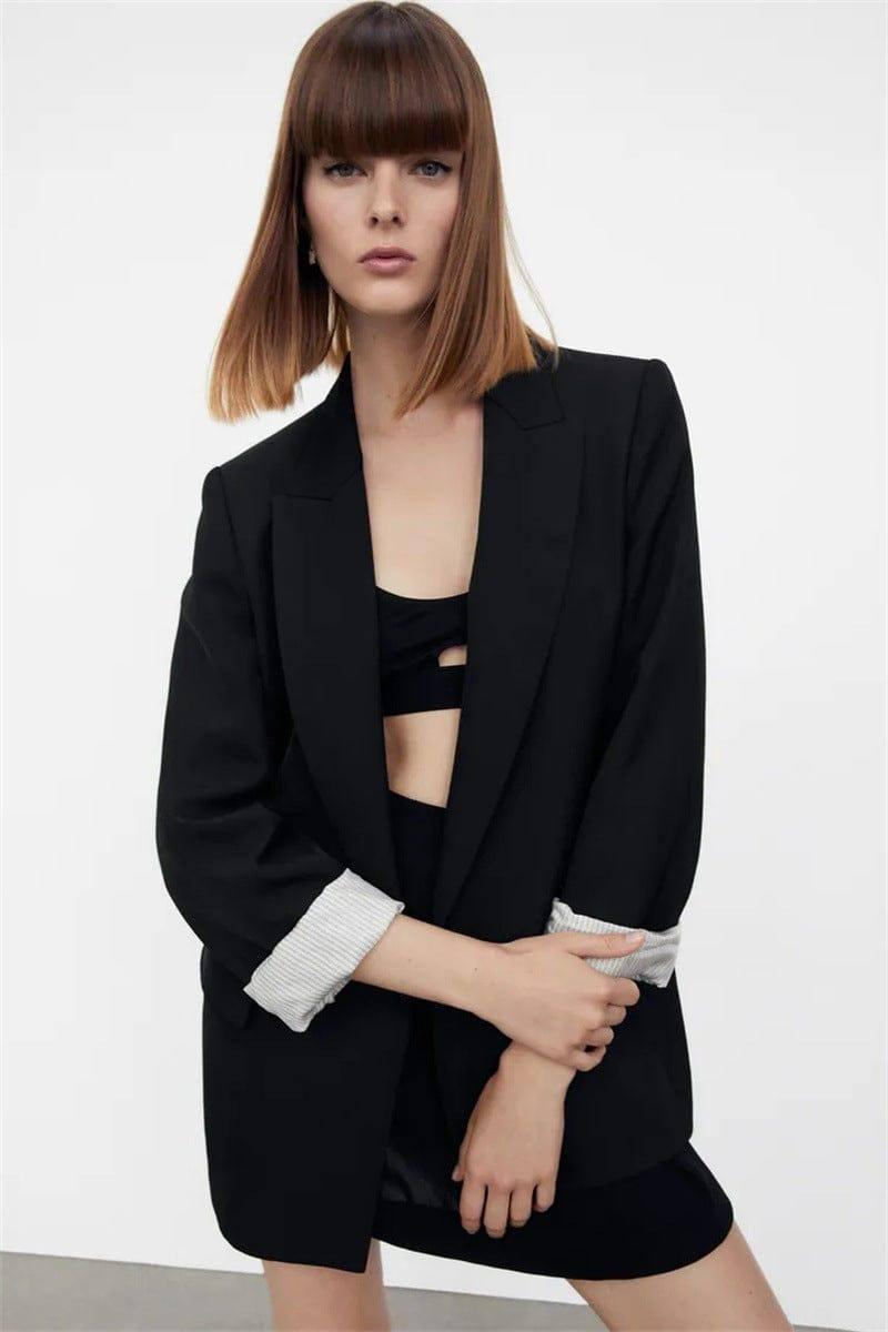 Women's Fashionable Curled Brim Cuff Polo Collar Top Blazer-2