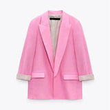 Women's Fashionable Curled Brim Cuff Polo Collar Top Blazer-5