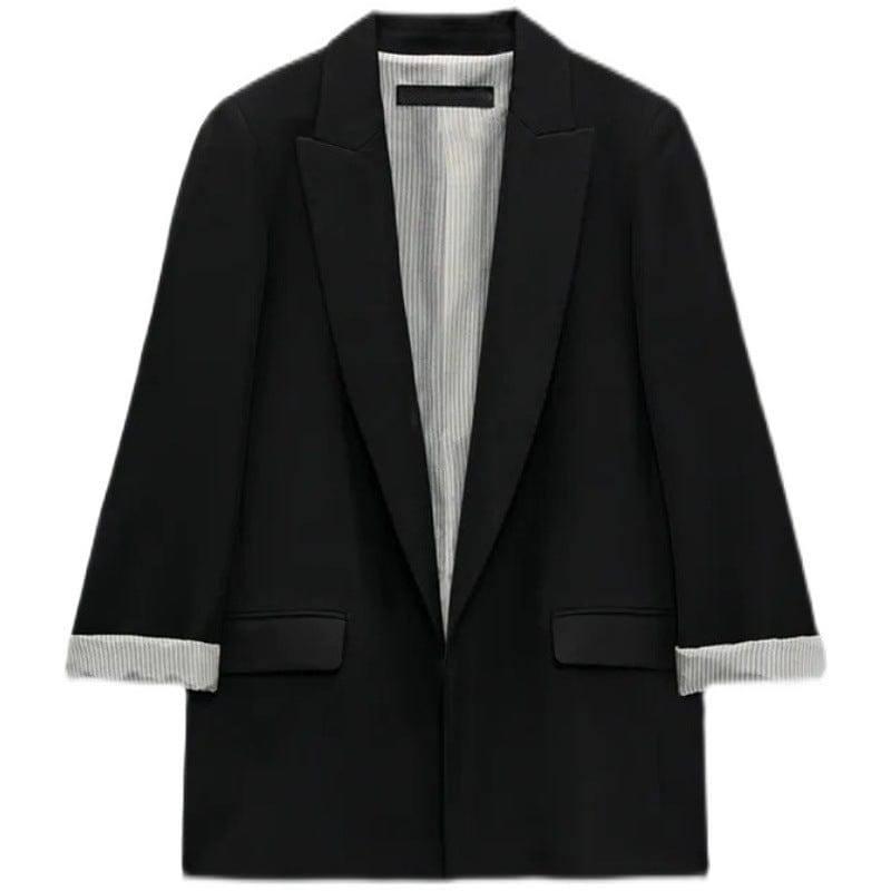 Women's Fashionable Curled Brim Cuff Polo Collar Top Blazer-Black-8