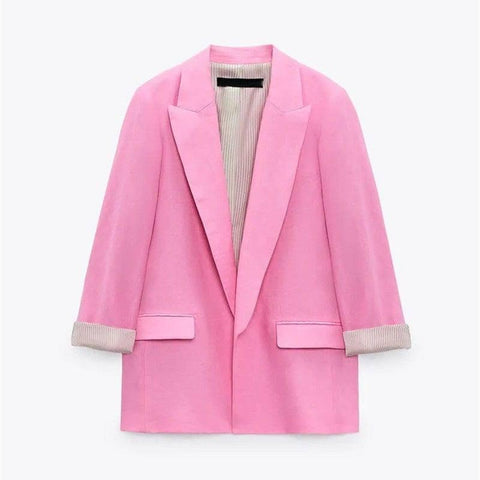 Women's Fashionable Curled Brim Cuff Polo Collar Top Blazer-Pink-9