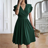 Women's Fashionable Temperament Elegant V-neck Midi Dress-Dark Green-7