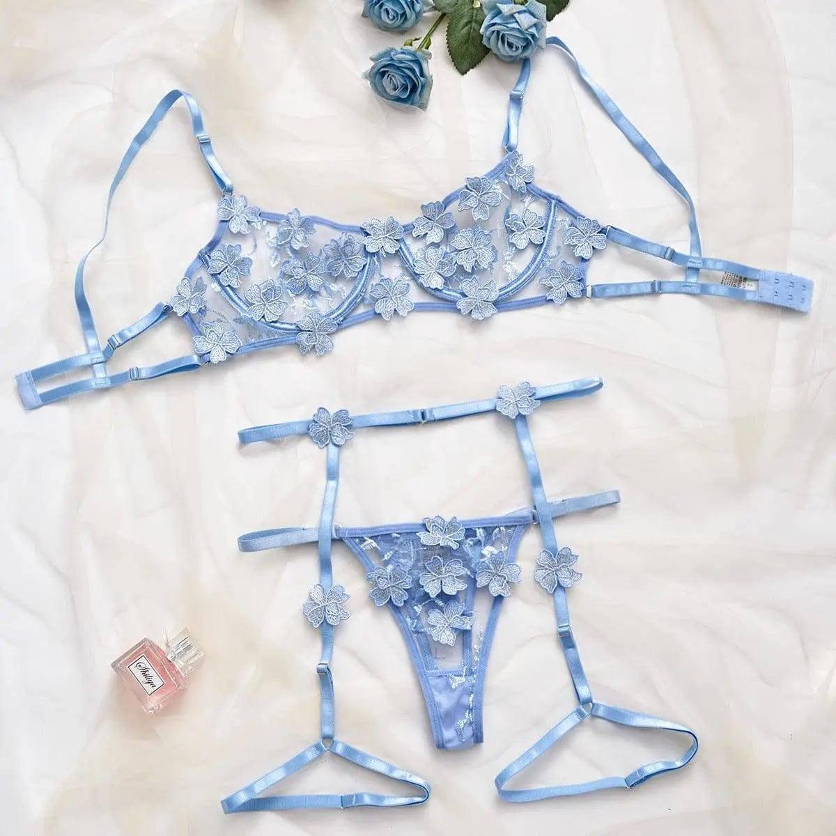 Women's Floral Lace Cutout Lover Lingerie Set-Blue-2