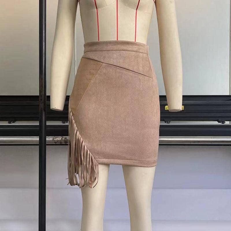 Women's Fringed Skirt Sexy Irregular High Waist Hip-Hugging-Brown-8