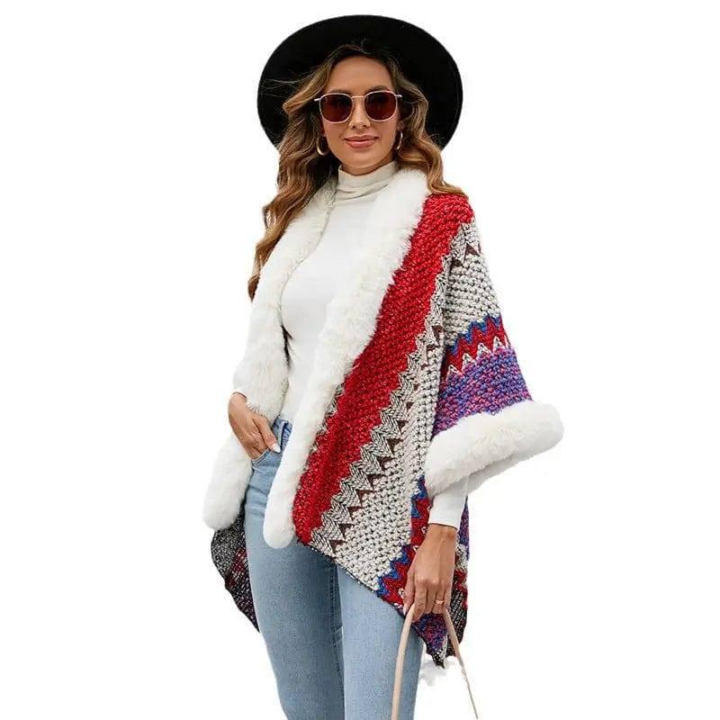 Women's Fur Collar Inverness Striped Ethnic Style-2