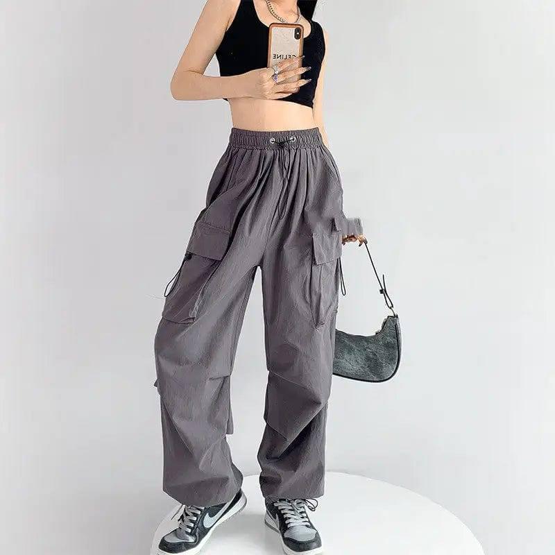 Women's Grey Loose Straight Cargo Pants-Dark Grey-1