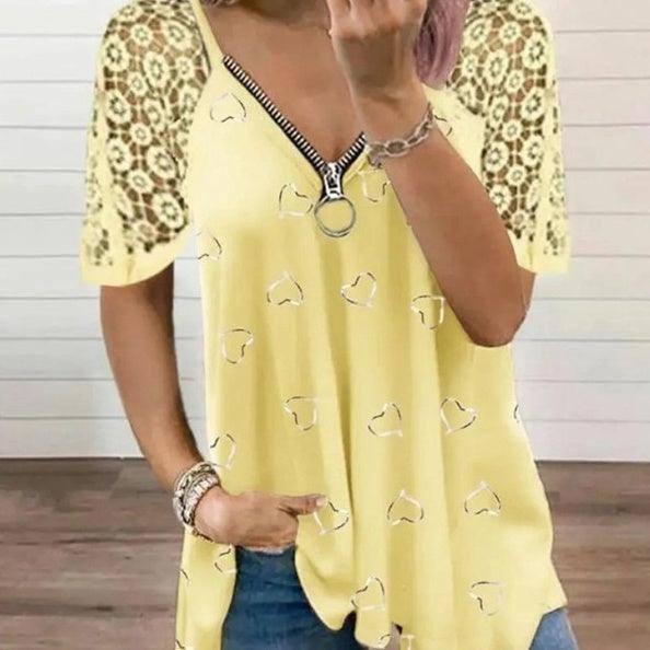 Women's Heart-shaped Pattern Lace Zipper Design T-shirt-Lemon Yellow-1