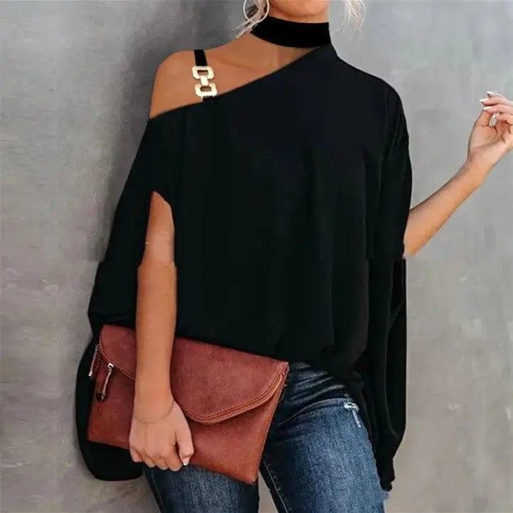 Women's High Neckline Strapless Crossbody Shoulder Cape-Black-5