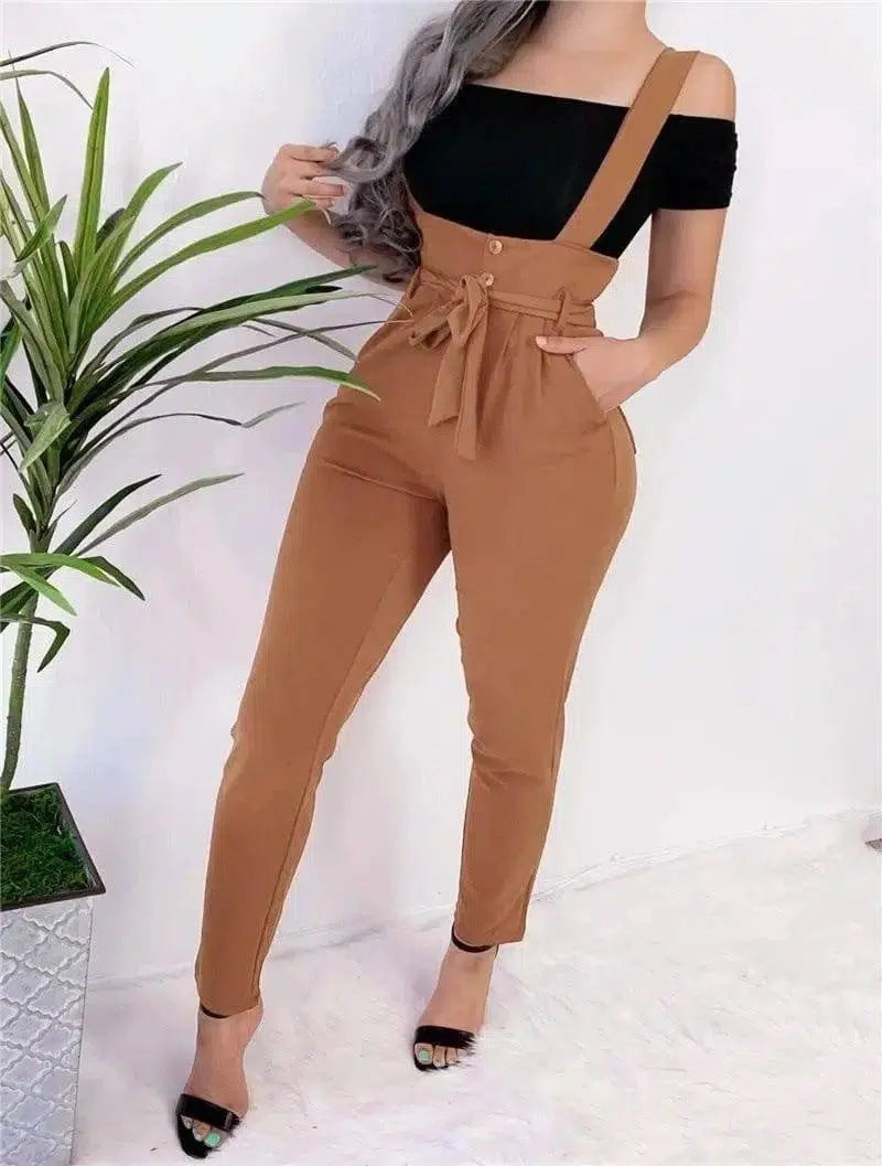 Women's high waist casual jumpsuit suspenders-Khaki-19