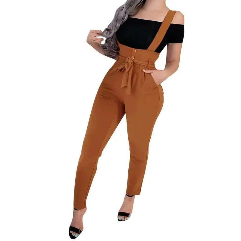 Women's high waist casual jumpsuit suspenders-5