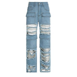 Women's High Waist Zipper Straight Ripped Jeans-7