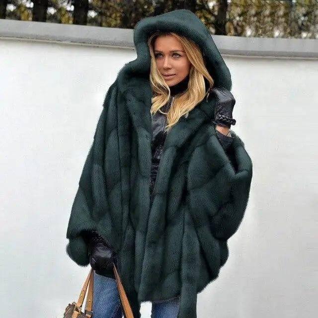 Women's hooded mink velvet coat-Darkgreen-1