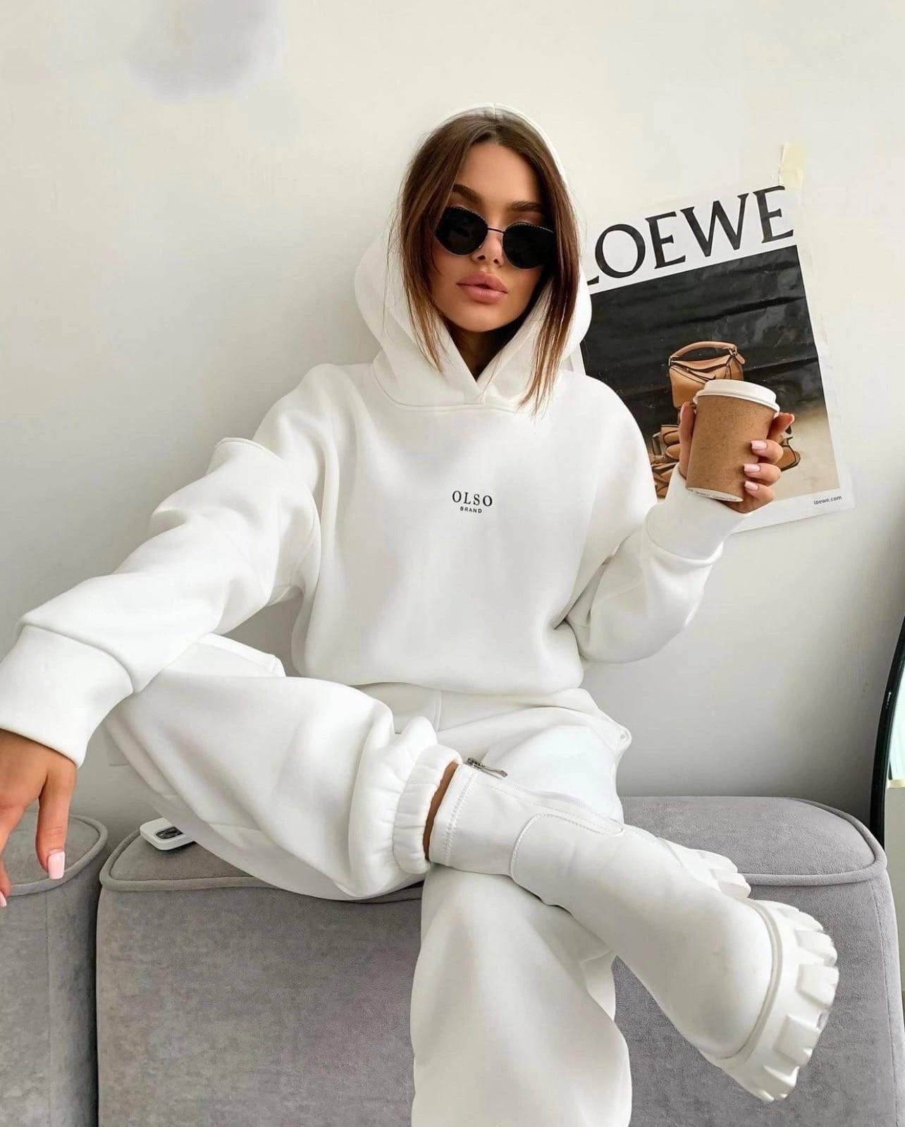 Women's Knitted Fleece Casual Suit Two-piece Set-White-9