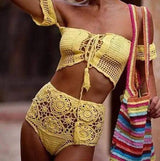 Women's knitted hollow swimsuit-Yellow-4