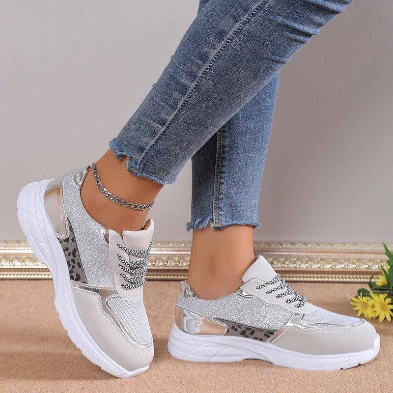 Women's Lace Up Sneakers Breathable Flat Shoes Fashion Casual Lightweight Running Sports Shoes-Silver-5